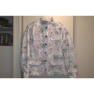 Chico's 1-Small   White Embroidered Floral Front Snaps 100% Cotton Jacket.